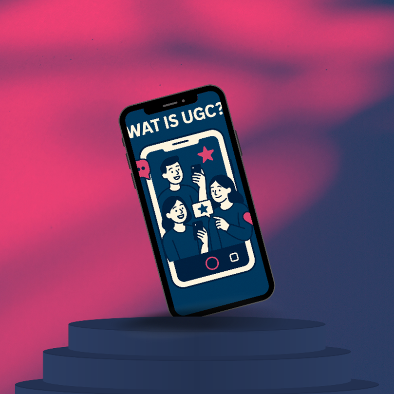Illustratie van een smartphone met de tekst "Wat is UGC?" op het scherm. Op het scherm staan drie mensen die content maken met hun telefoons, omgeven door sterren en hartjes, tegen een roze-blauwe achtergrond. De afbeelding symboliseert User-Generated Content.